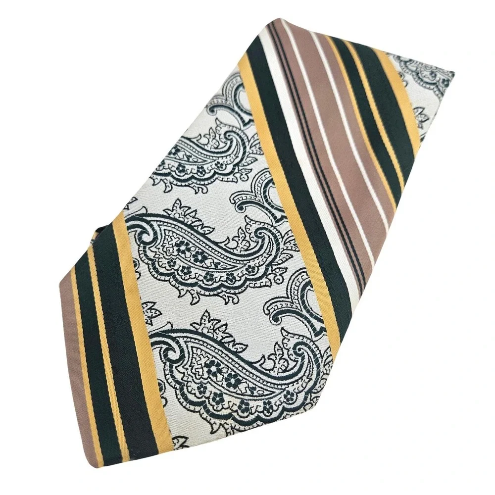 Vintage 70s/80s Jean‎ Claude Vidal Green Gold Mens Paisley Stripe Necktie USA